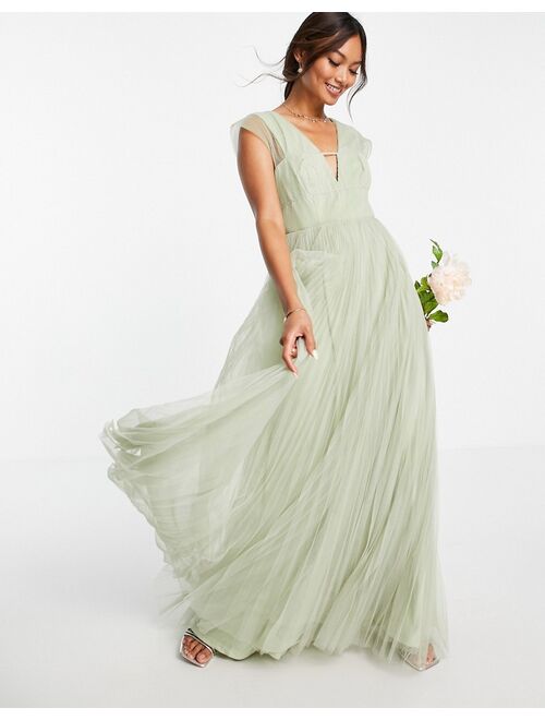 ASOS DESIGN tulle plunge maxi dress with shirred sleeves in sage