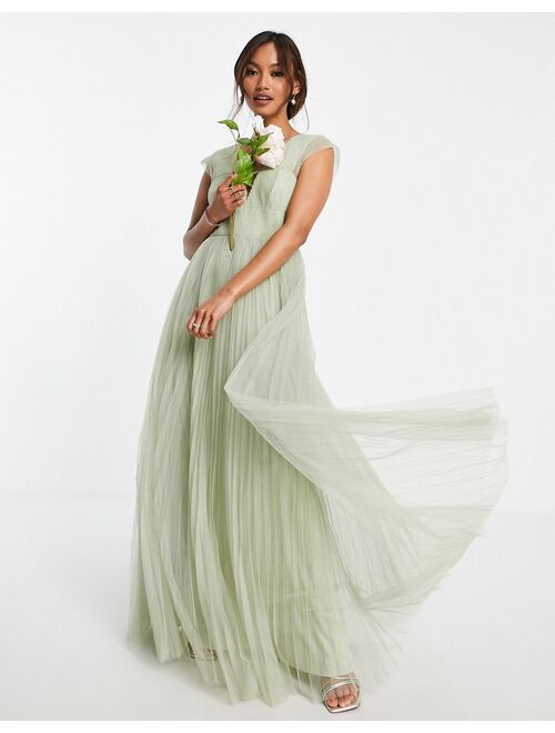 ASOS DESIGN tulle plunge maxi dress with shirred sleeves in sage