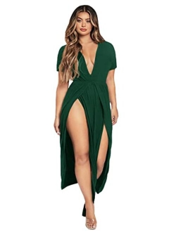 Women's Split Thigh Short Sleeve Maxi Dress Deep V Neck Flowy Long Dresses