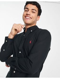 player logo slim fit poplin shirt in black