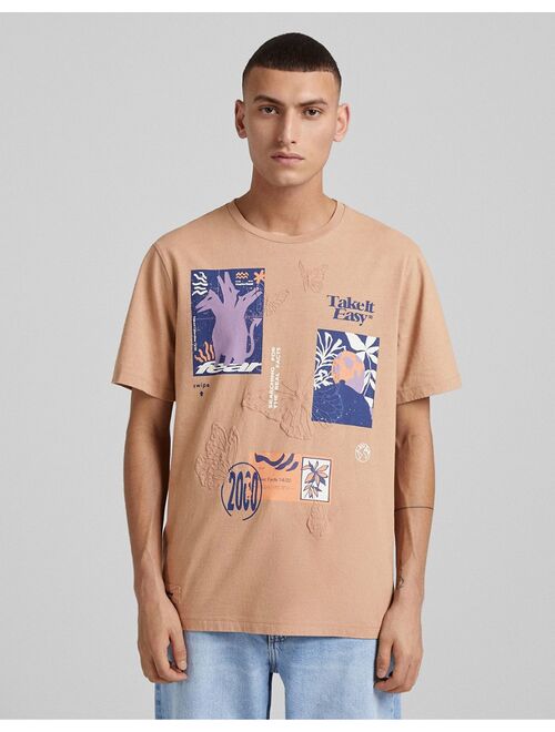 Bershka embossed printed t-shirt in camel