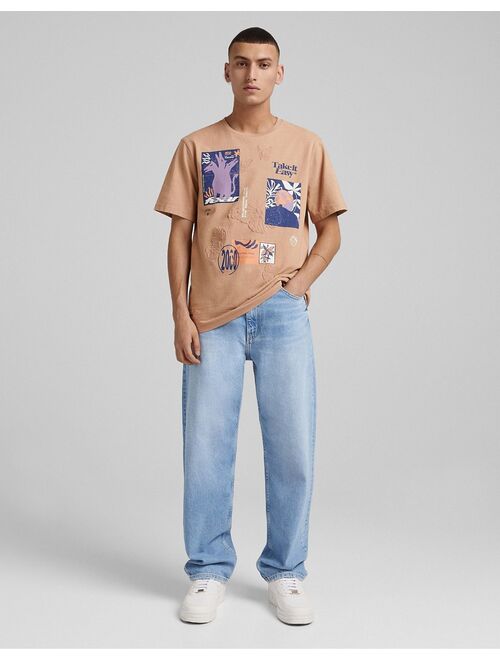 Bershka embossed printed t-shirt in camel