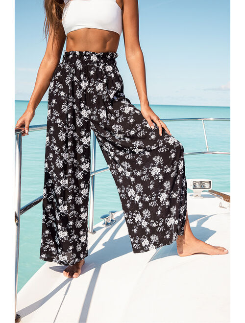 Lulus Loves the Sun Black Floral Print Wide-Leg Pants