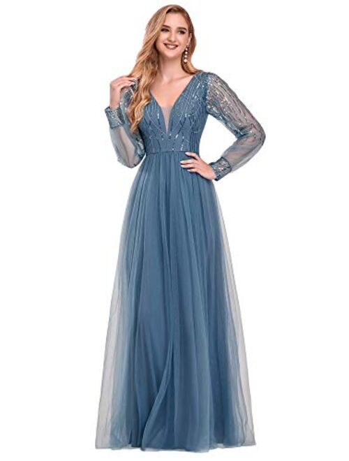 Ever-Pretty Women's Elegant V Neck Sparkling Embroidery Floor Length Formal Dress 0478