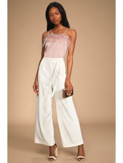 Chic Sophistication Ivory Side-Tie Wide-Leg Trouser Pants