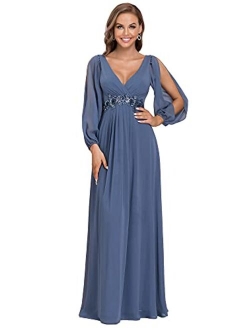 Women's A-line Long Sleeve V-Neck Chiffon Mother of The Bride Dress 0461