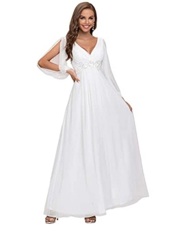 Women's A-line Long Sleeve V-Neck Chiffon Mother of The Bride Dress 0461