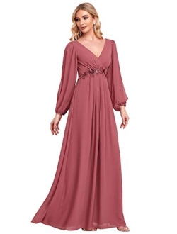 Women's A-line Long Sleeve V-Neck Chiffon Mother of The Bride Dress 0461