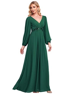 Women's A-line Long Sleeve V-Neck Chiffon Mother of The Bride Dress 0461