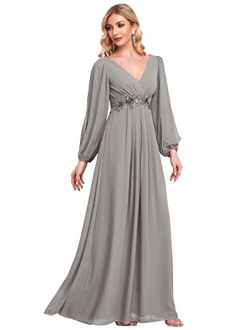 Women's A-line Long Sleeve V-Neck Chiffon Mother of The Bride Dress 0461