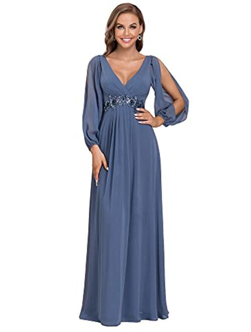 Ever-Pretty Women's A-line Long Sleeve V-Neck Chiffon Mother of The Bride Dress 0461