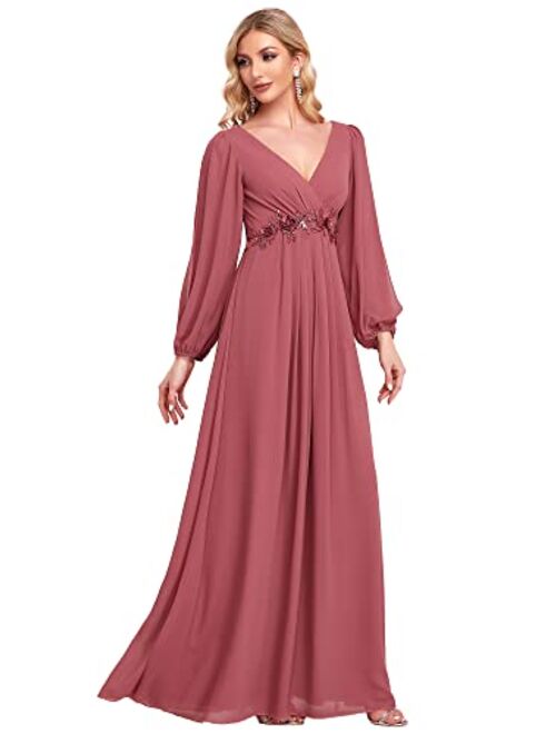 Ever-Pretty Women's A-line Long Sleeve V-Neck Chiffon Mother of The Bride Dress 0461