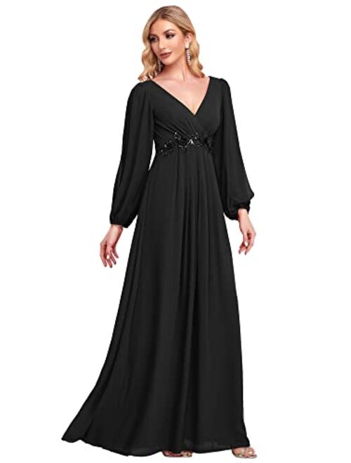 Ever-Pretty Women's A-line Long Sleeve V-Neck Chiffon Mother of The Bride Dress 0461