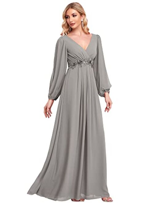 Ever-Pretty Women's A-line Long Sleeve V-Neck Chiffon Mother of The Bride Dress 0461