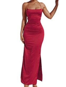 Just Quella Women Maxi Dress Satin Strappy Backless Evening Party Dress with Slit