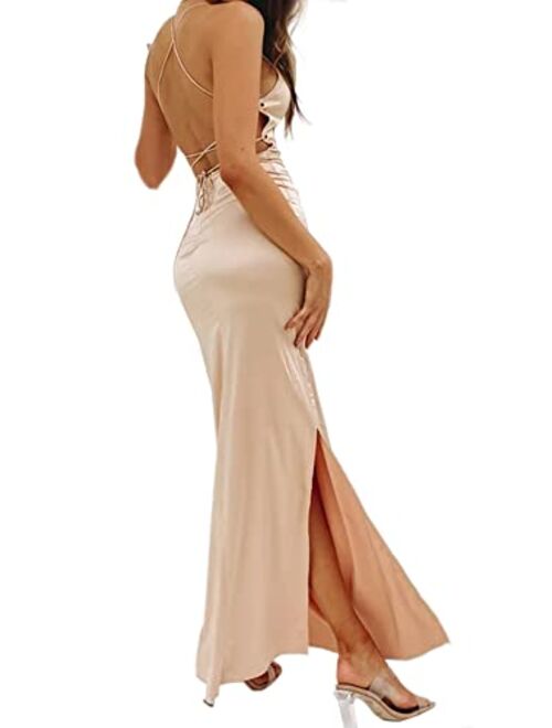 Just Quella Women Maxi Dress Satin Strappy Backless Evening Party Dress with Slit