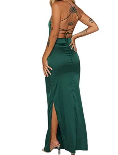 Just Quella Women Maxi Dress Satin Strappy Backless Evening Party Dress with Slit