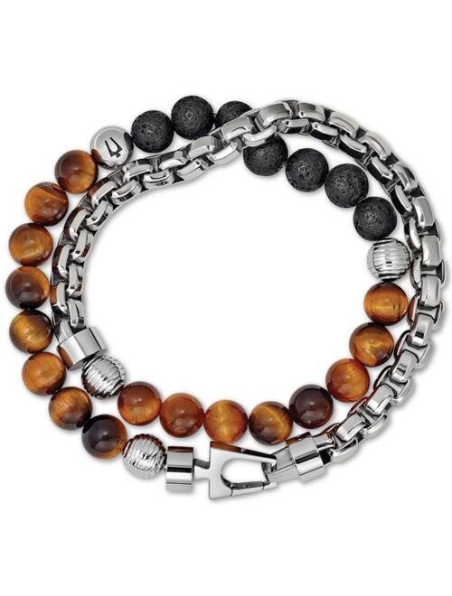 Bulova Men's Tiger's Eye & Black Lava Bead Bracelet in Stainless Steel