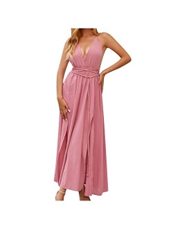 Uojfnhb Womens Spaghetti Strap Maxi Dress Backless Summer Casual Beach Sleeveless Sexy Deep V Neck Side Split Swing Dresses