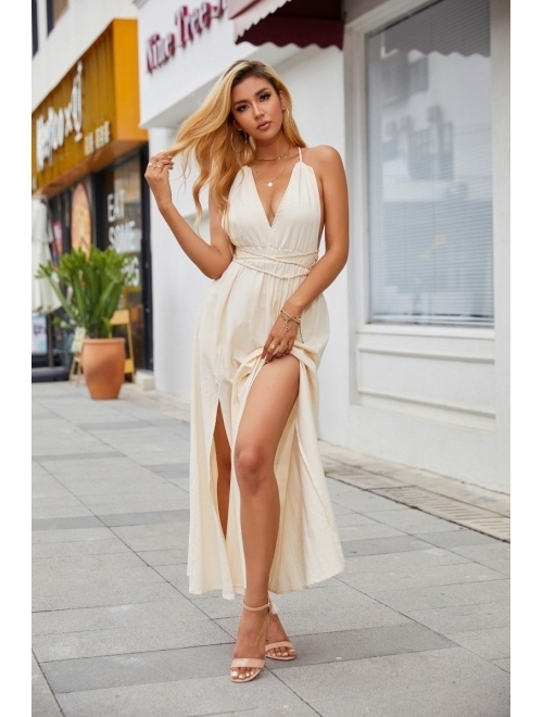 Uojfnhb Womens Spaghetti Strap Maxi Dress Backless Summer Casual Beach Sleeveless Sexy Deep V Neck Side Split Swing Dresses