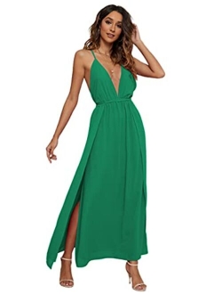 CMZ2005 Women's Sleeveless Backless with Crossover Straps Deep V Neck Maxi Dress Sexy High Slit Cocktail Party Dress 72013