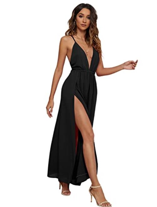 CMZ2005 Women's Sleeveless Backless with Crossover Straps Deep V Neck Maxi Dress Sexy High Slit Cocktail Party Dress 72013