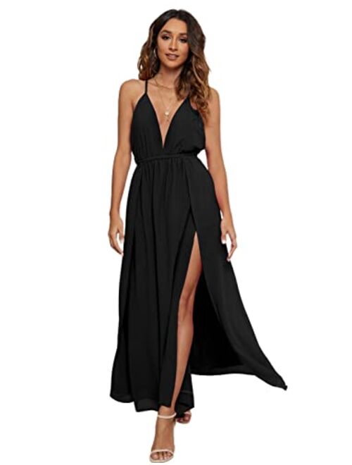 CMZ2005 Women's Sleeveless Backless with Crossover Straps Deep V Neck Maxi Dress Sexy High Slit Cocktail Party Dress 72013