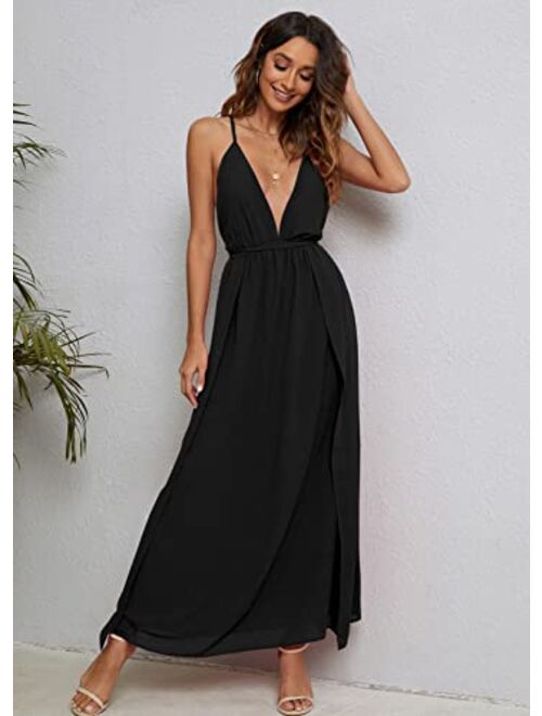 CMZ2005 Women's Sleeveless Backless with Crossover Straps Deep V Neck Maxi Dress Sexy High Slit Cocktail Party Dress 72013