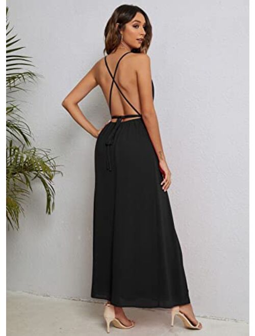 CMZ2005 Women's Sleeveless Backless with Crossover Straps Deep V Neck Maxi Dress Sexy High Slit Cocktail Party Dress 72013