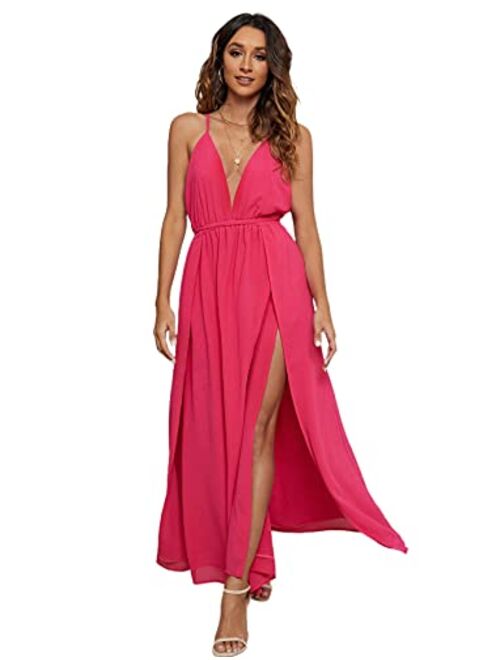 CMZ2005 Women's Sleeveless Backless with Crossover Straps Deep V Neck Maxi Dress Sexy High Slit Cocktail Party Dress 72013