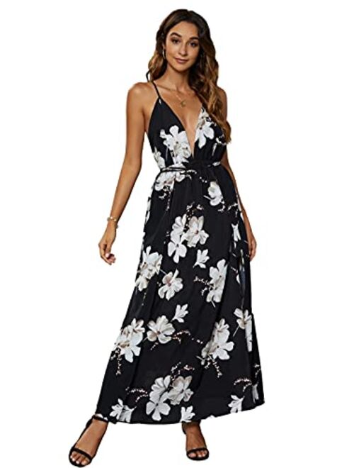 CMZ2005 Women's Sleeveless Backless with Crossover Straps Deep V Neck Maxi Dress Sexy High Slit Cocktail Party Dress 72013