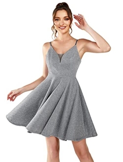 Womens V Neck Sleeveless Mini Sparkle A Line Cocktail Dress 3124