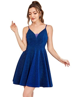 Womens V Neck Sleeveless Mini Sparkle A Line Cocktail Dress 3124