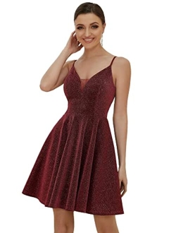 Womens V Neck Sleeveless Mini Sparkle A Line Cocktail Dress 3124