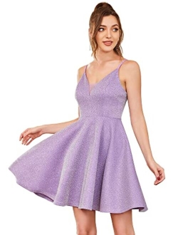 Womens V Neck Sleeveless Mini Sparkle A Line Cocktail Dress 3124