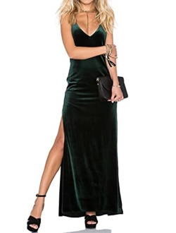 Capuffy Women's V-Neck Spaghetti Straps Maxi Dress Backless Wrap Side Slit Velvet Cocktai Party Dress 72040