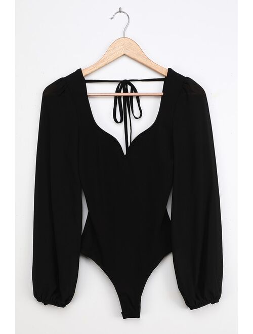 Lulus Party Scene Black Tie-Back Long Sleeve Bodysuit