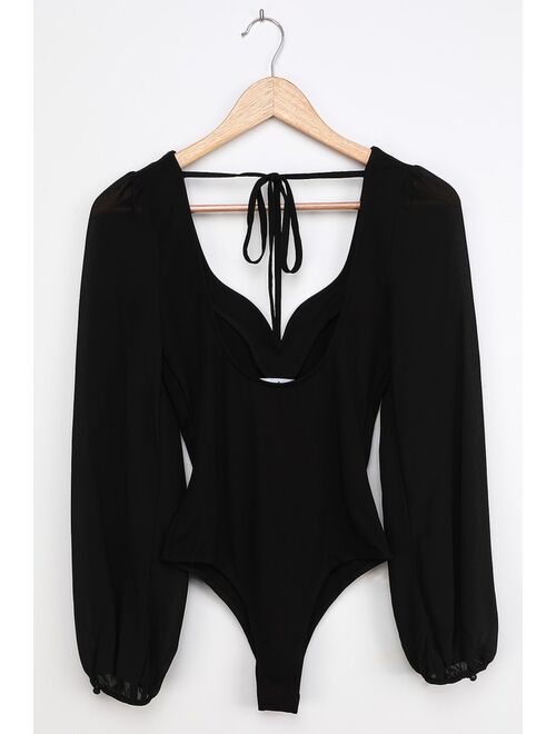 Lulus Party Scene Black Tie-Back Long Sleeve Bodysuit