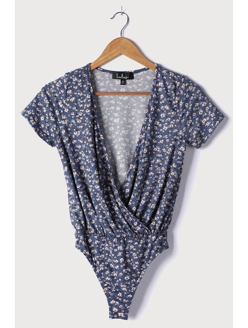 Lulus Keep Blooming On Slate Blue Floral Print Short Sleeve Bodysuit