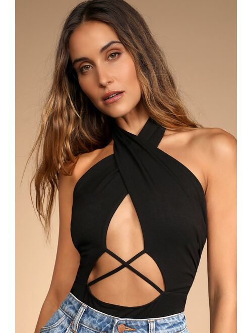 Lulus Mega Flirt Black Cross-Front Cutout Halter Bodysuit