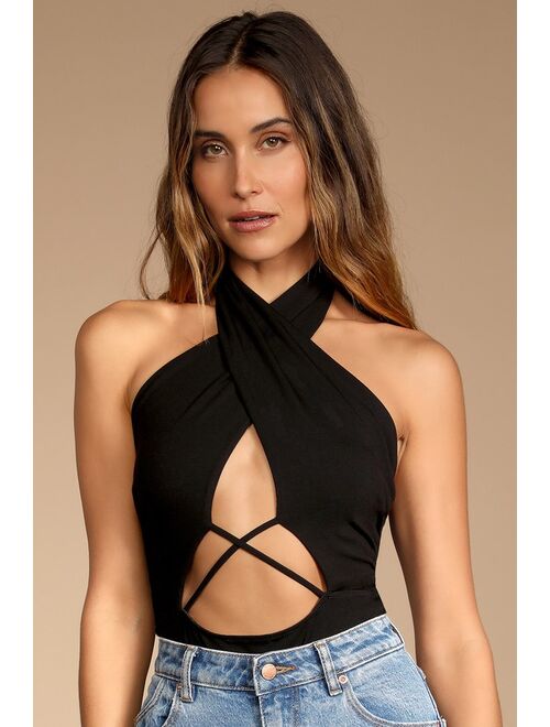 Lulus Mega Flirt Black Cross-Front Cutout Halter Bodysuit