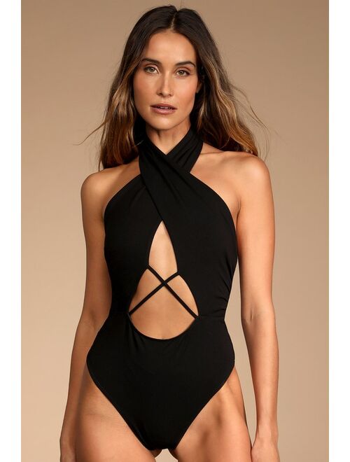 Lulus Mega Flirt Black Cross-Front Cutout Halter Bodysuit