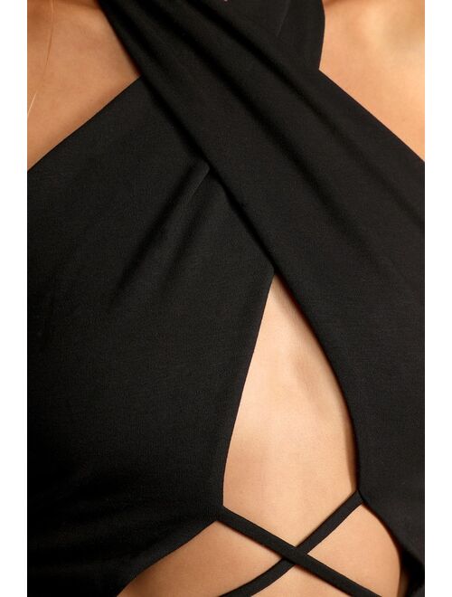 Lulus Mega Flirt Black Cross-Front Cutout Halter Bodysuit