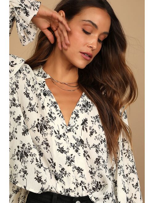 Lulus Keep Things Classy Beige Floral Print Button-Up Long Sleeve Top