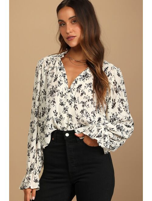 Lulus Keep Things Classy Beige Floral Print Button-Up Long Sleeve Top