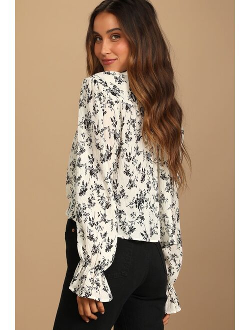 Lulus Keep Things Classy Beige Floral Print Button-Up Long Sleeve Top