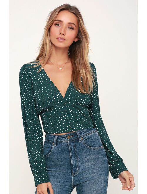 Lulus Love Always Forest Green Polka Dot Long Sleeve Crop Top