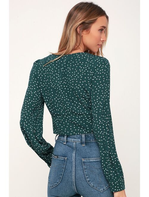 Lulus Love Always Forest Green Polka Dot Long Sleeve Crop Top