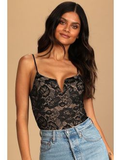 Flirty Touch Black Lace-Up Lace Bodysuit