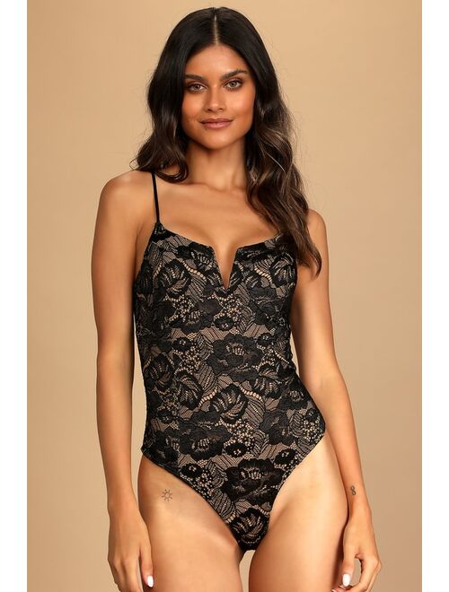 Lulus Flirty Touch Black Lace-Up Lace Bodysuit